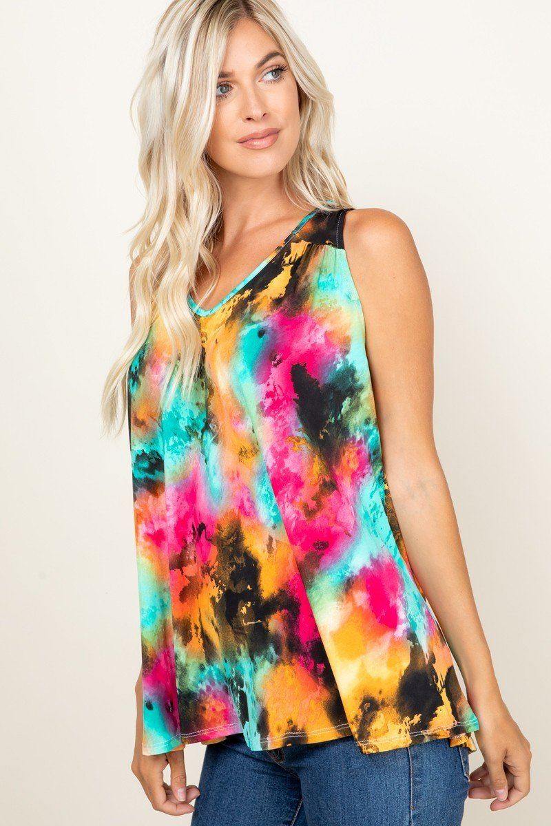 Tie Dye Sleeveless V Neck Swing Tunic Top - Pearlara