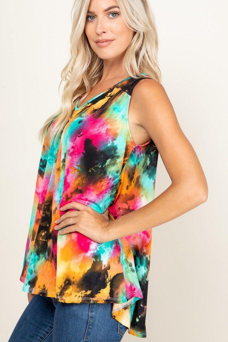 Tie Dye Sleeveless V Neck Swing Tunic Top - Pearlara