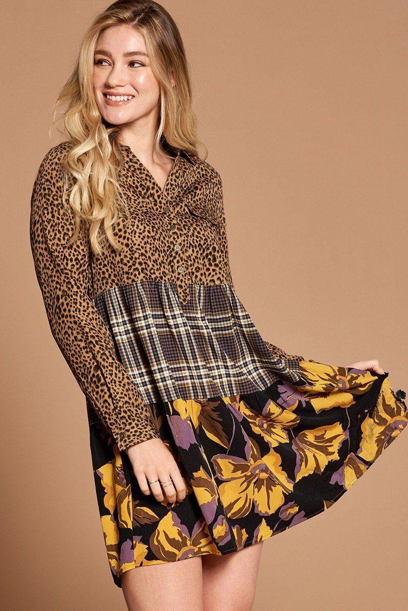 Cheetah Print Button-down Collard Shirt Dress - Pearlara