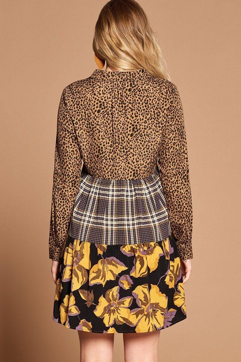 Cheetah Print Button-down Collard Shirt Dress - Pearlara