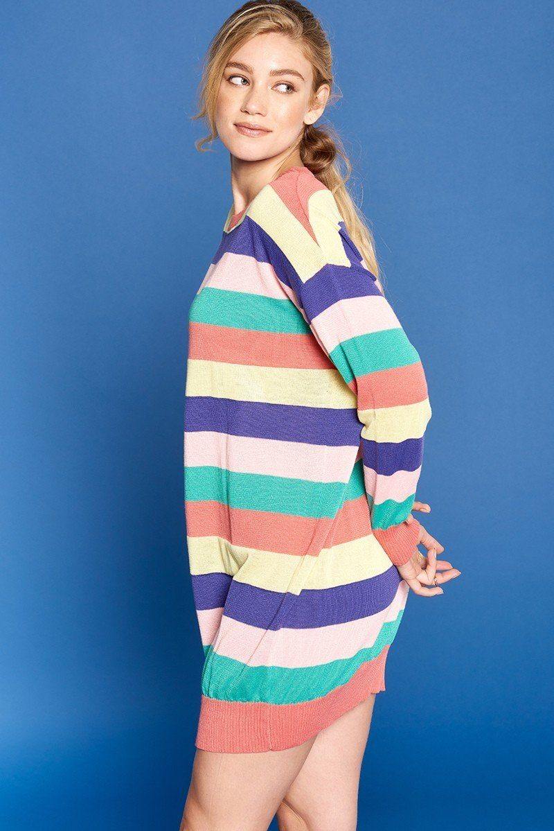 Multi-colored Striped Knit Sweater Dress - Pearlara