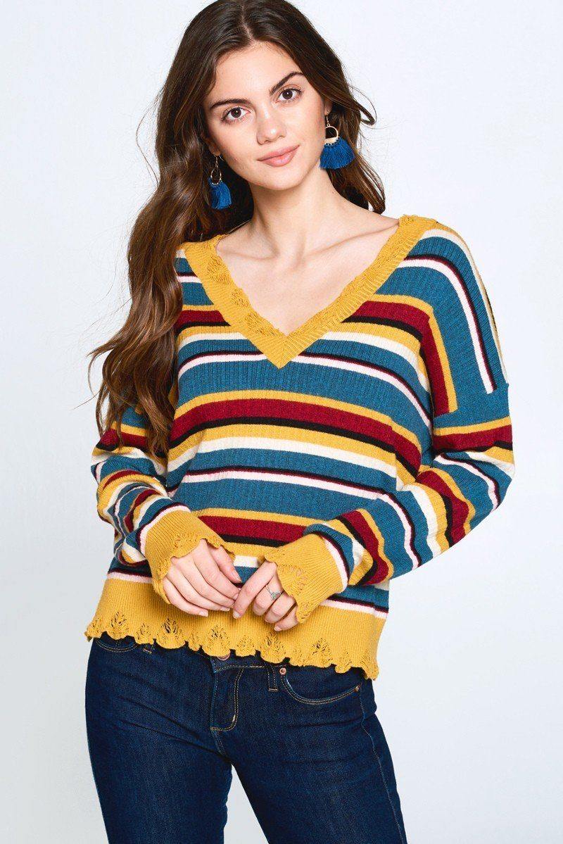 Multi-colored Variegated Striped Knit Sweater - Pearlara