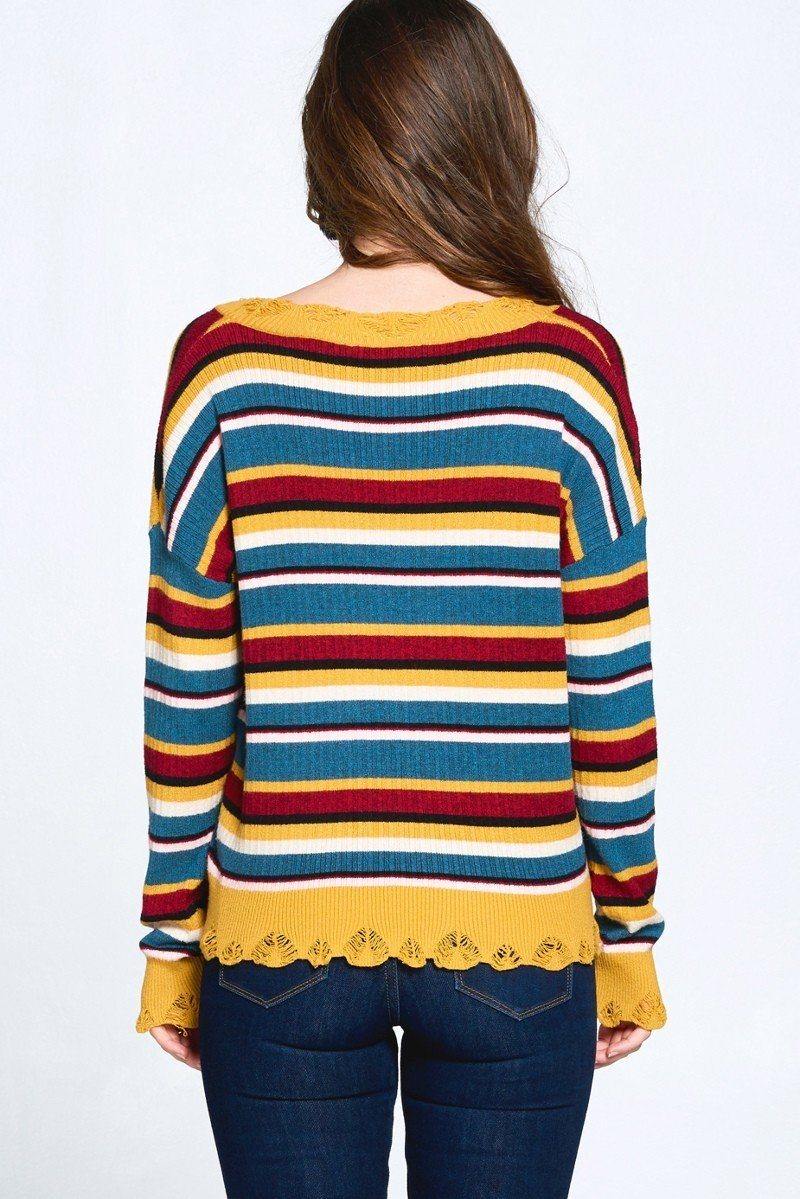 Multi-colored Variegated Striped Knit Sweater - Pearlara