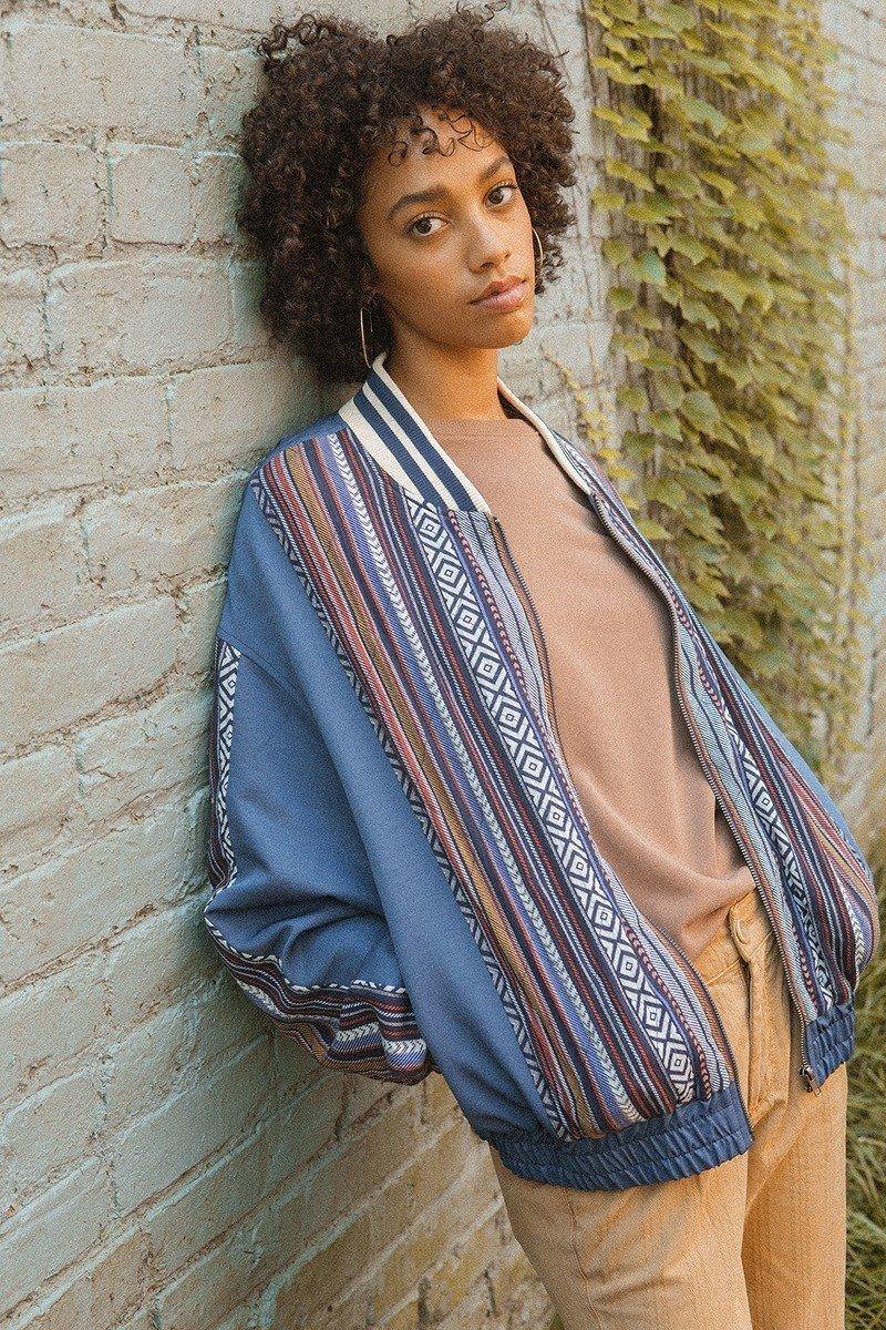 A Woven Jacket That Features Tribal Striped Accents - Pearlara