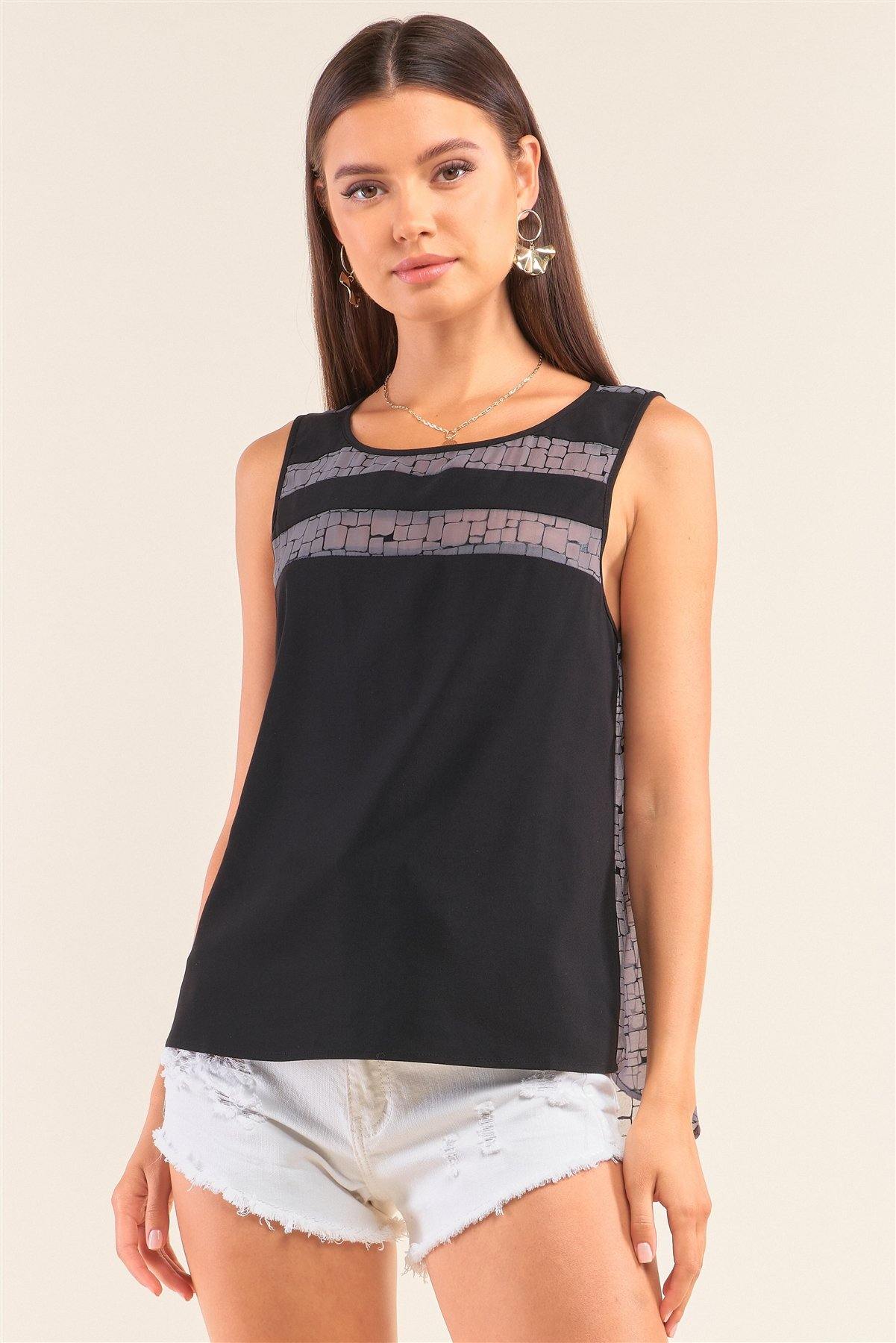 Grey And Black Sleeveless Relaxed Fit Brick Pattern Print Mesh Round Neck Top - Pearlara