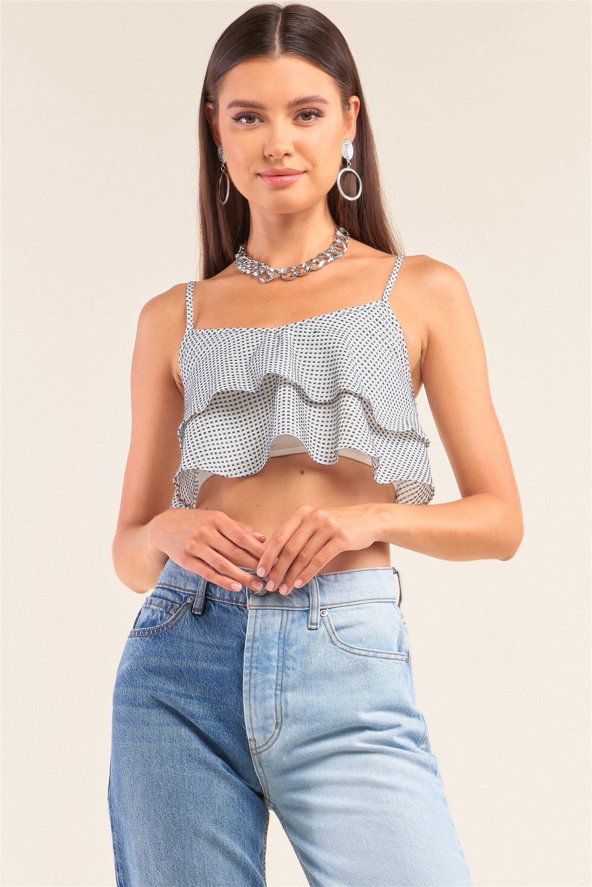 White And Navy Sleeveless Polka Square Layered Smock Back Cropped Top - Pearlara