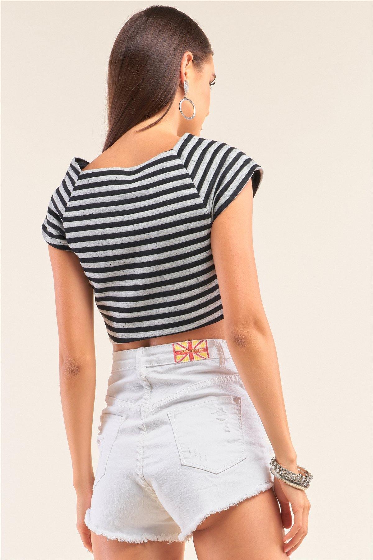 Black And Grey Striped Square Neck Mini Sleeve Cropped Top - Pearlara