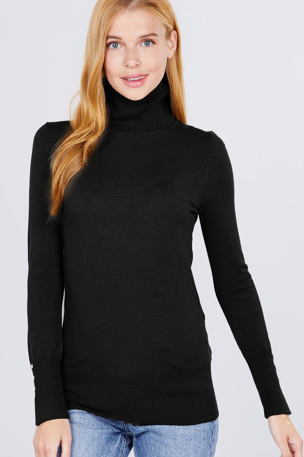 Long Sleeve With Metal Button Detail Turtle Neck Viscose Sweater - Pearlara