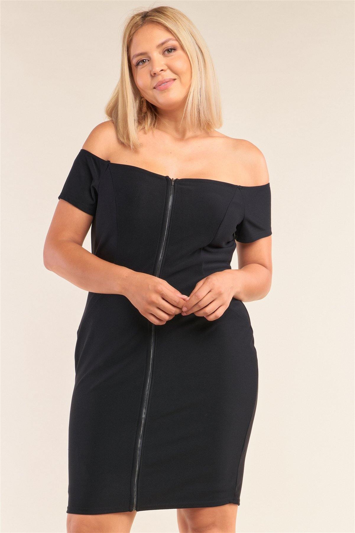 Plus Size Fitted Off-the-shoulder Front Zipper Bodycon Mini Dress - Pearlara