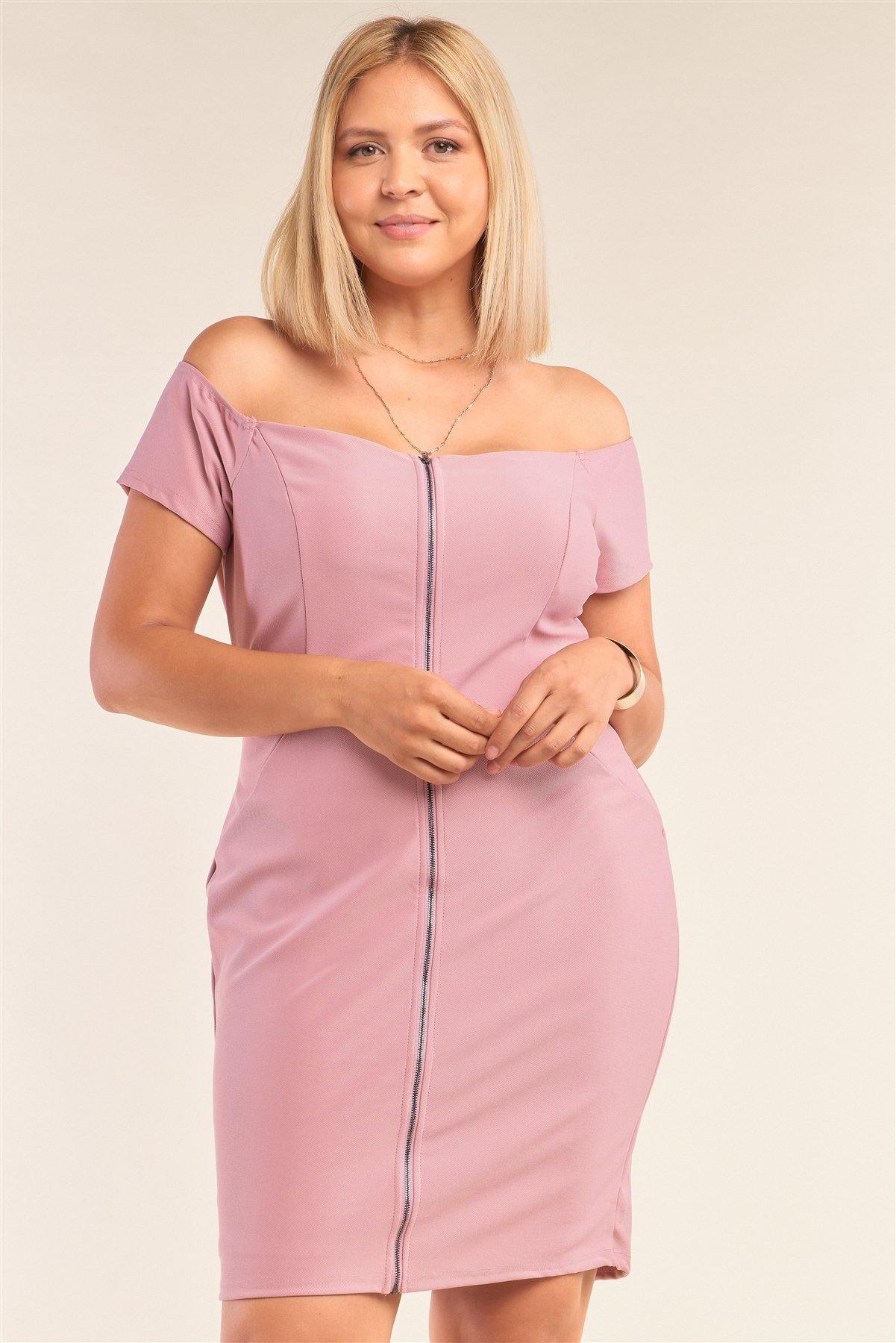 Plus Size Fitted Off-the-shoulder Front Zipper Bodycon Mini Dress - Pearlara