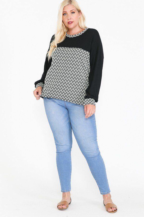 Jacquard Contrast With Drop Shoulder Long Sleeve Round Hem Top - Pearlara