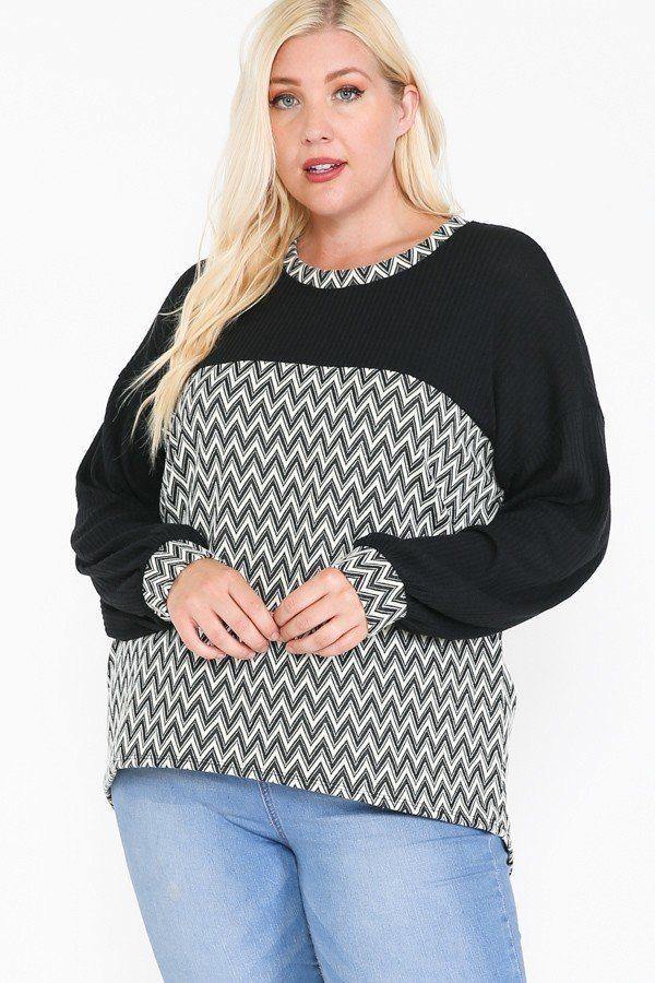 Jacquard Contrast With Drop Shoulder Long Sleeve Round Hem Top - Pearlara