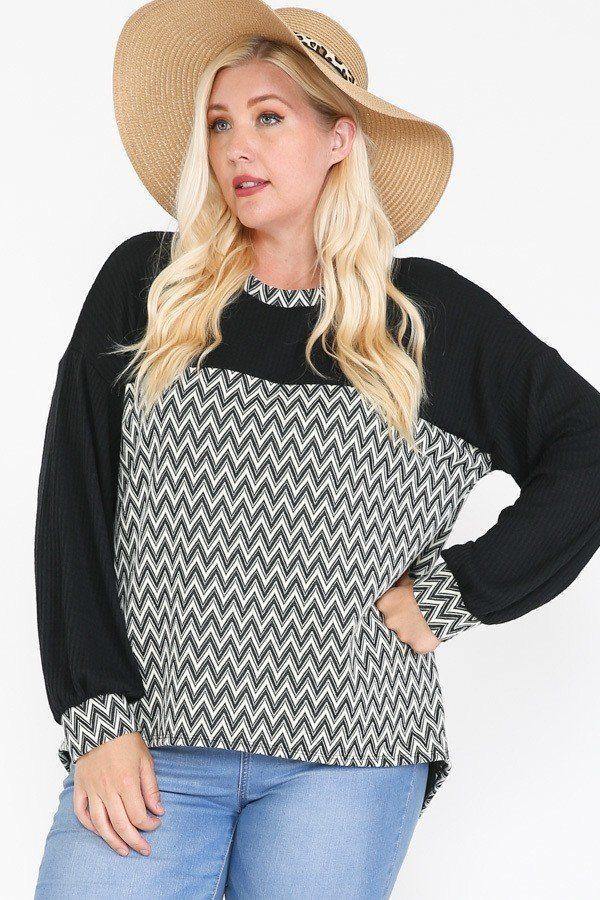 Jacquard Contrast With Drop Shoulder Long Sleeve Round Hem Top - Pearlara