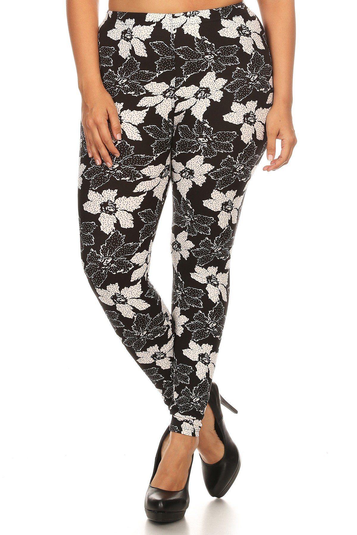 Plus Size Floral Pattern Printed Knit Legging With Elastic Waistband - Pearlara