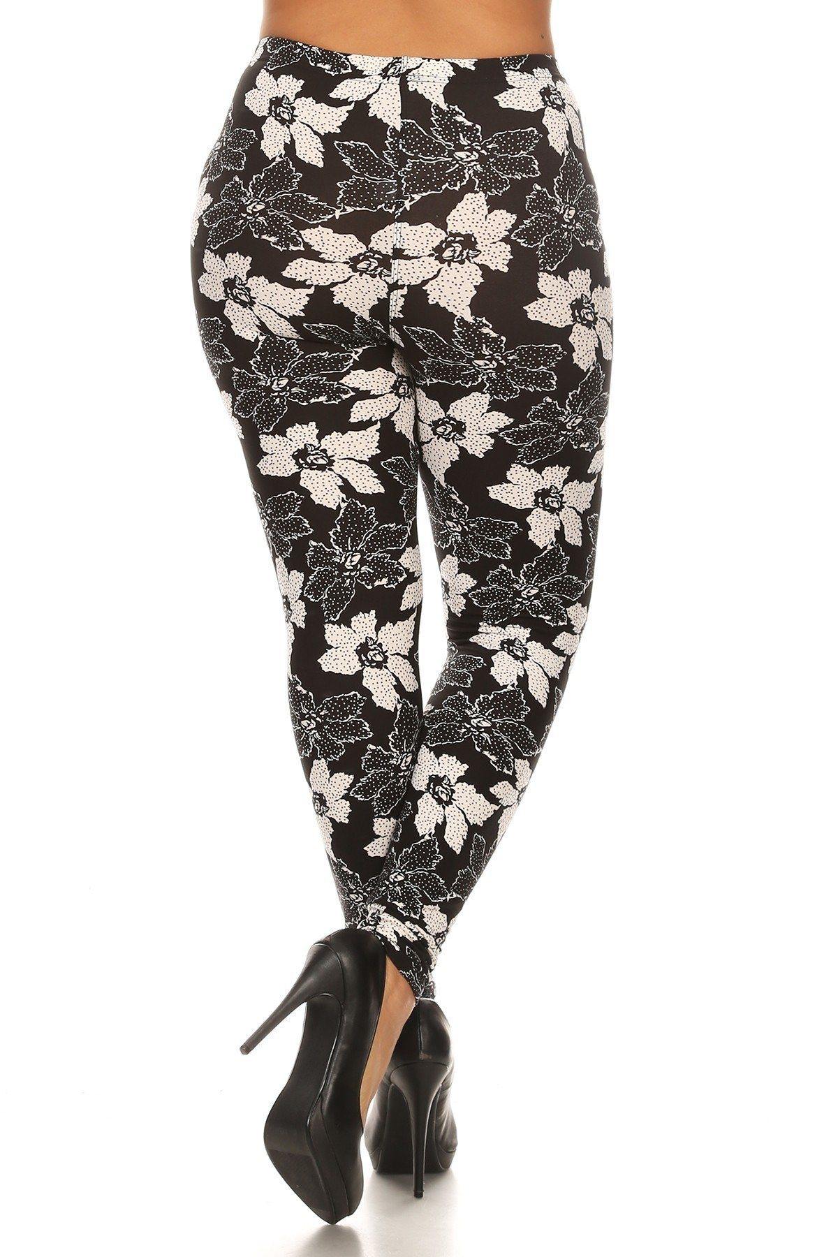 Plus Size Floral Pattern Printed Knit Legging With Elastic Waistband - Pearlara