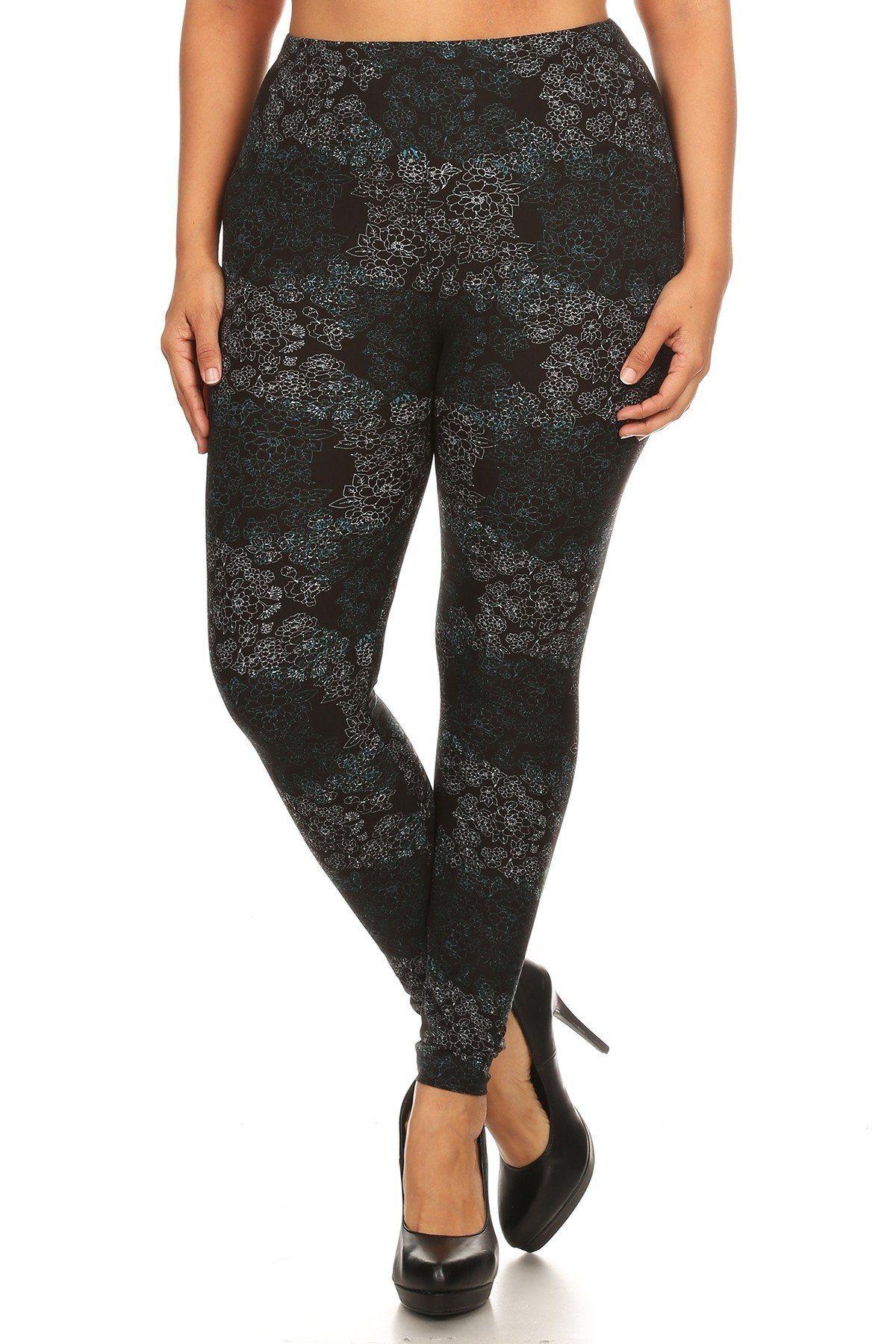 Plus Size Floral Medallion Pattern Printed Knit Legging With Elastic Waistband. - Pearlara
