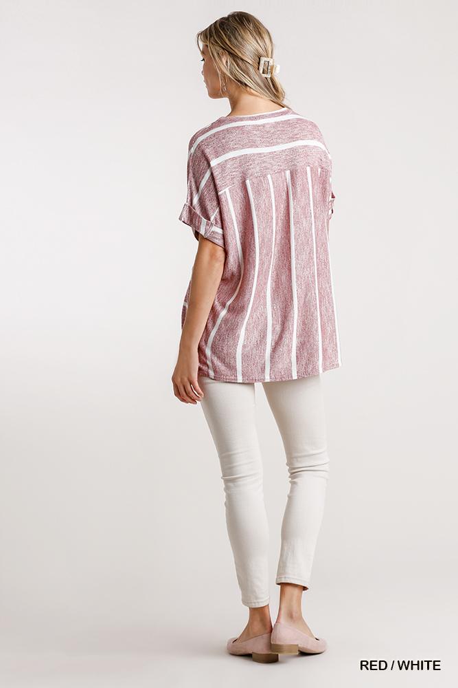 Horizontal And Vertical Striped Short Folded Sleeve Top With High Low Hem