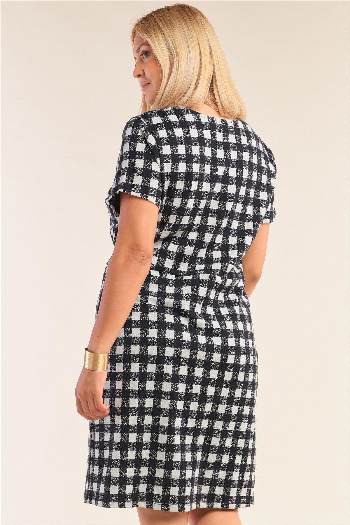 Plus Size Black&white Checkered Fitted Wrap Deep Plunge V-neck Dress - Pearlara