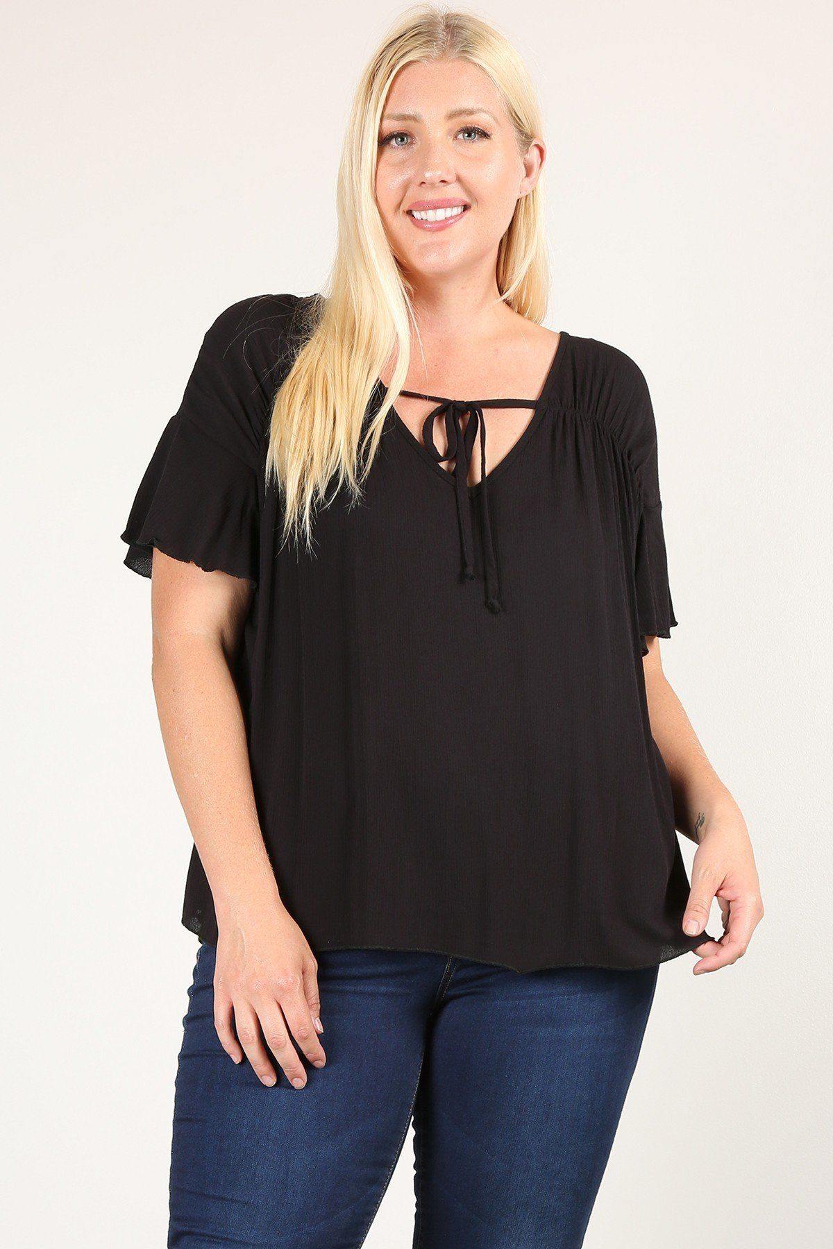 Plus Size Solid Top With A Necktie, Pleated Detail, And Flutter Sleeves - Pearlara