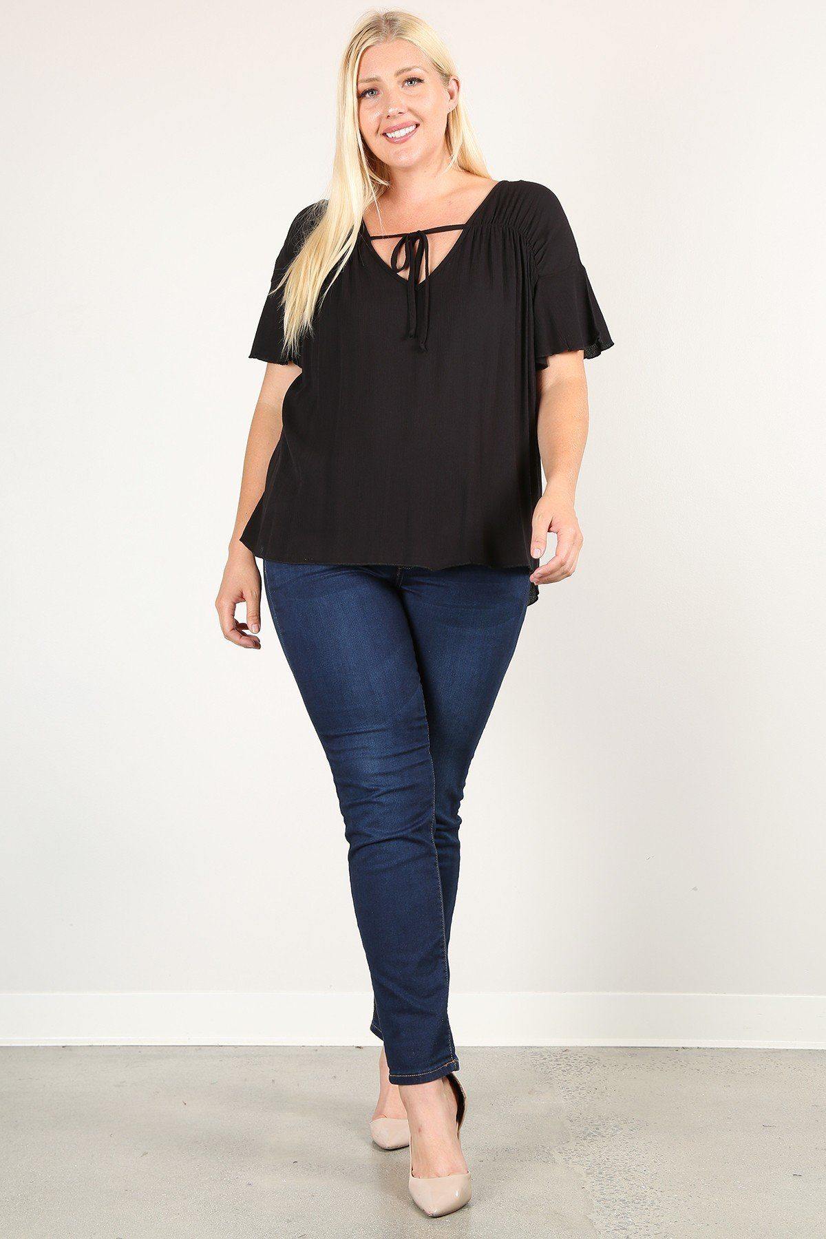 Plus Size Solid Top With A Necktie, Pleated Detail, And Flutter Sleeves - Pearlara