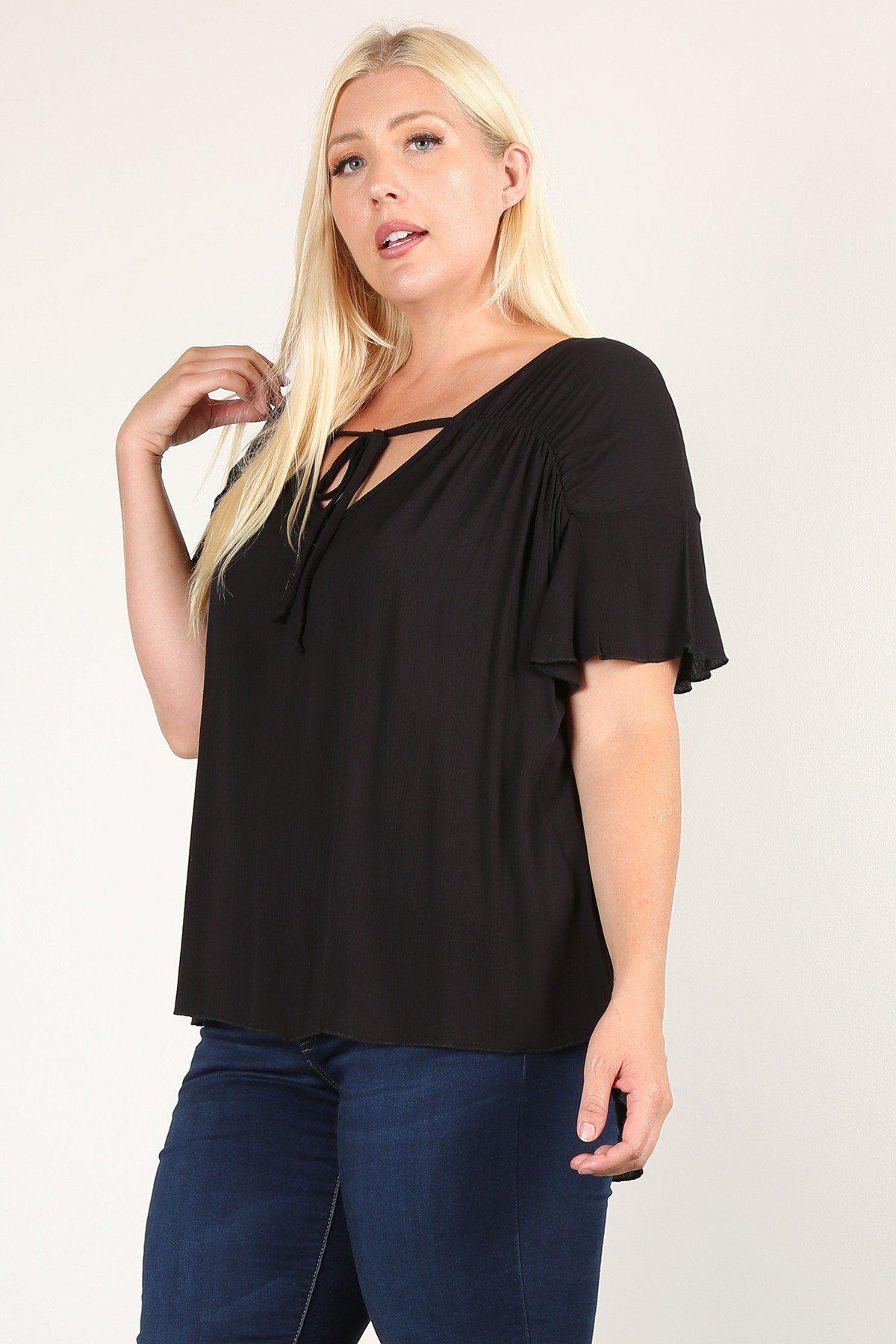 Plus Size Solid Top With A Necktie, Pleated Detail, And Flutter Sleeves - Pearlara