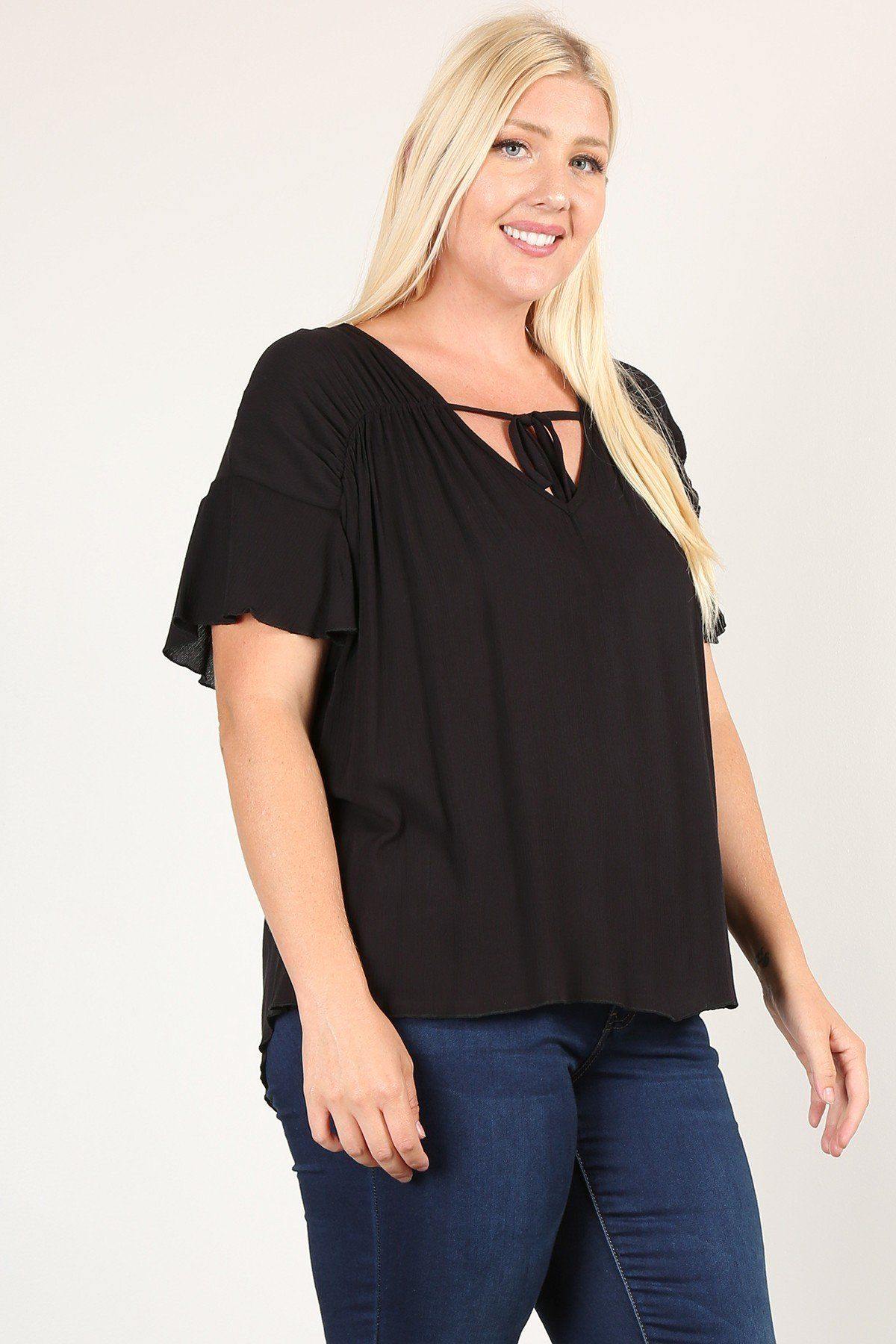 Plus Size Solid Top With A Necktie, Pleated Detail, And Flutter Sleeves - Pearlara