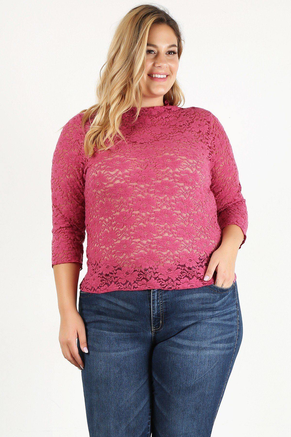 Plus Size Sheer Lace Fitted Top - Pearlara