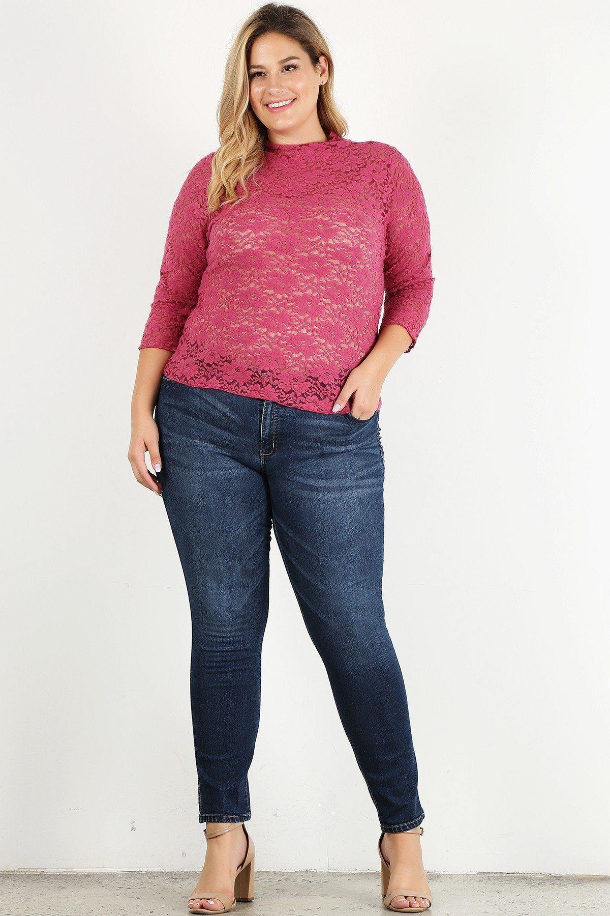 Plus Size Sheer Lace Fitted Top - Pearlara