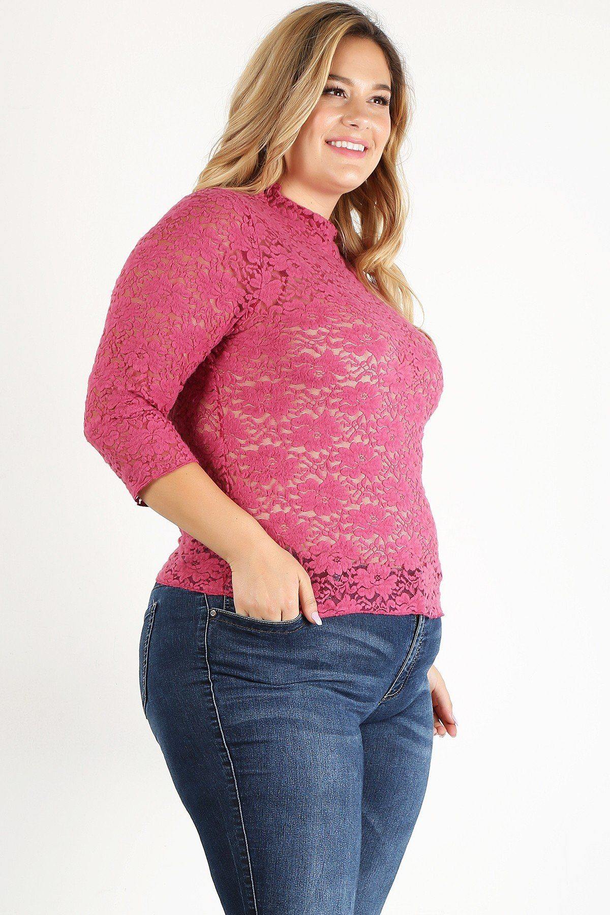 Plus Size Sheer Lace Fitted Top - Pearlara