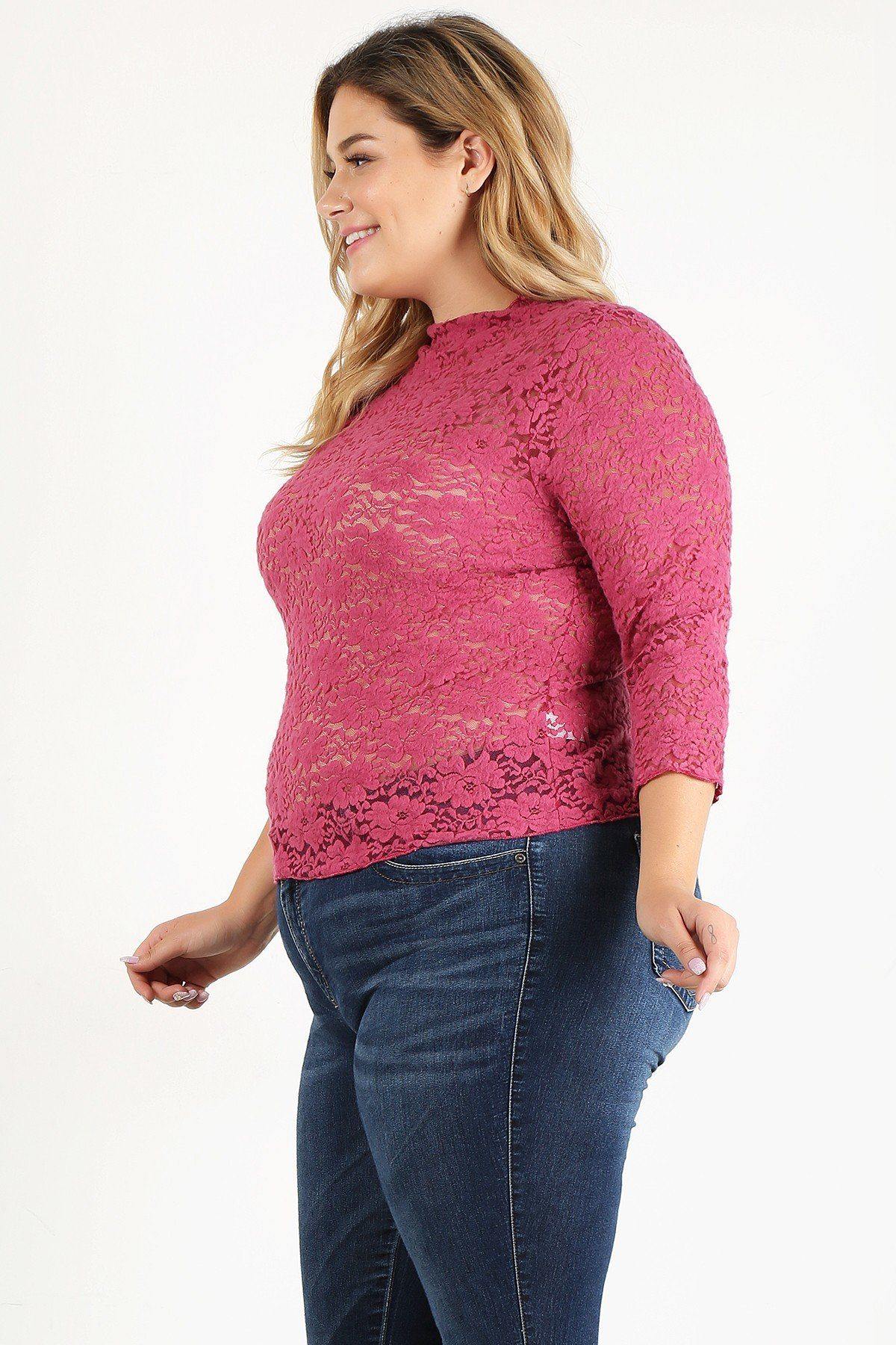 Plus Size Sheer Lace Fitted Top - Pearlara