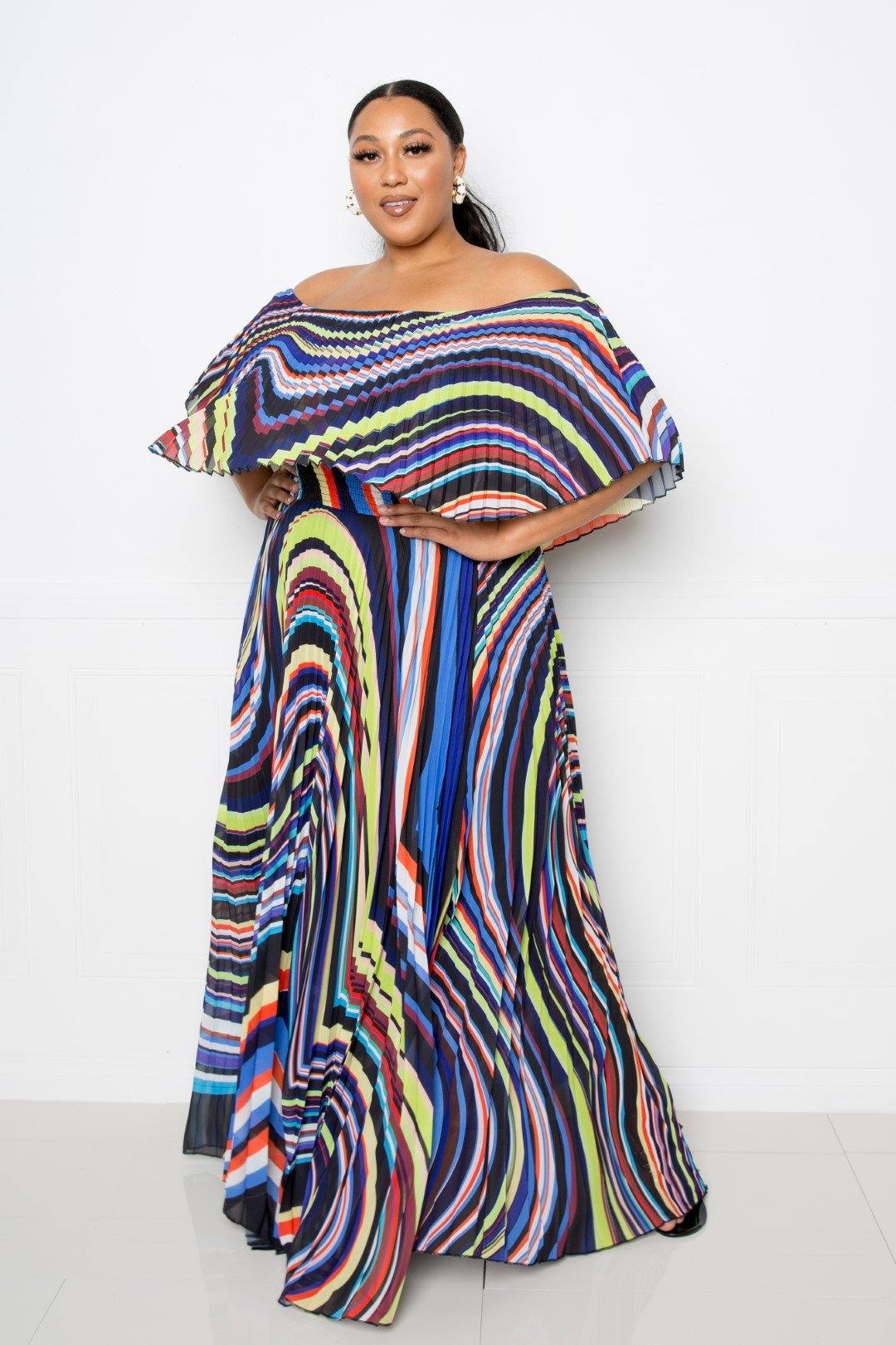 Geo Printed Off Shoulder Pleated Maxi Dress - Pearlara