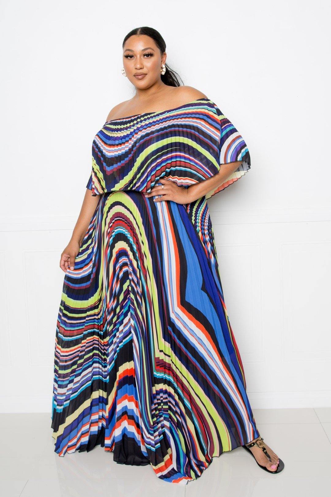 Geo Printed Off Shoulder Pleated Maxi Dress - Pearlara