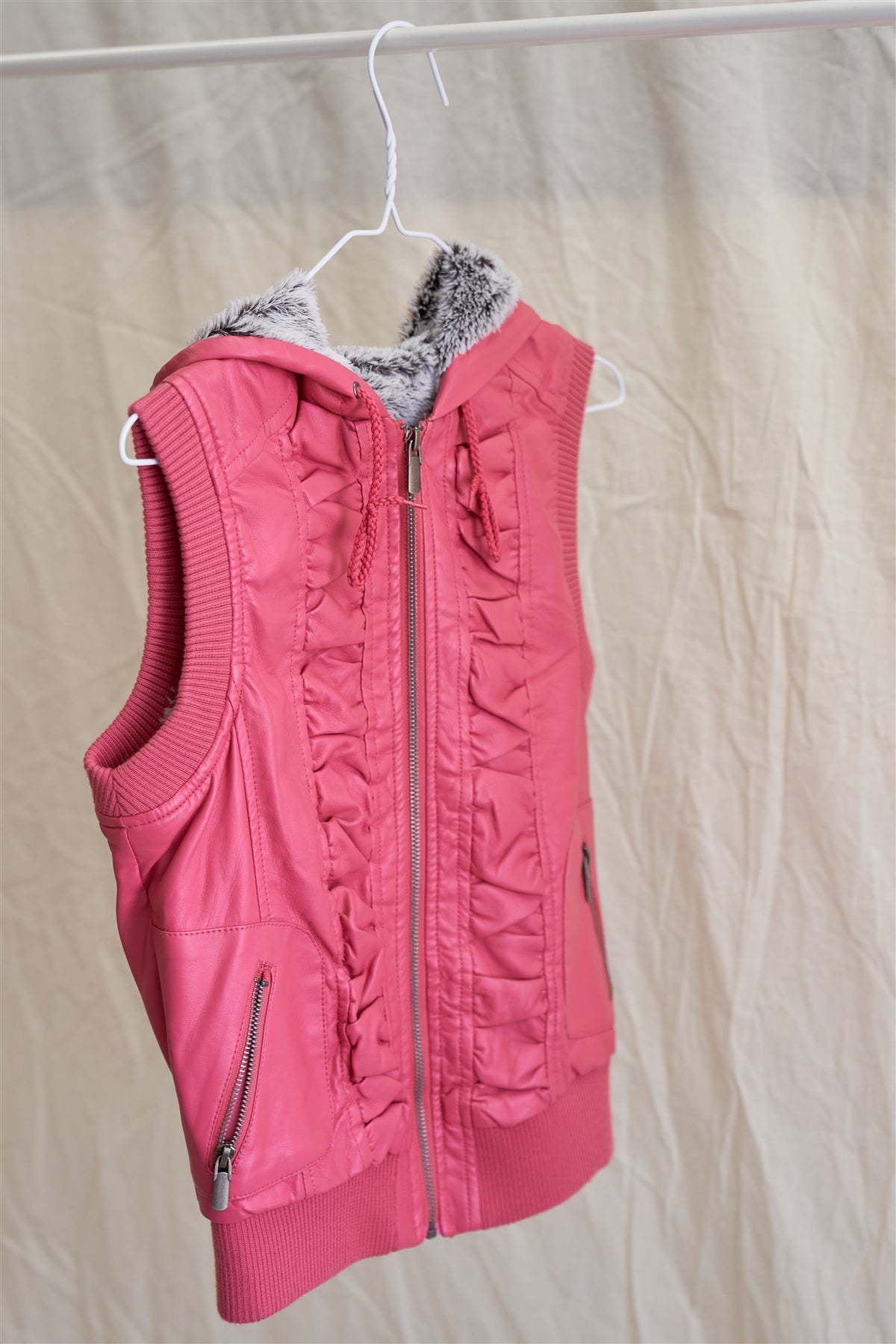 Pink Vegan Leather Shirred Faux Fur Lining Draw String Tie Hood Detail Vest