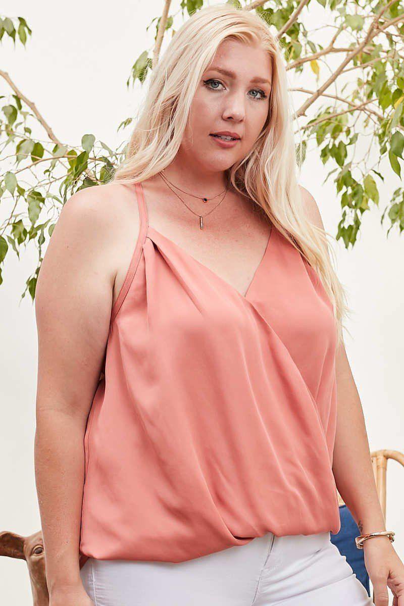 Front Surplice Pleats Back Shirring Solid Cami Top - Pearlara