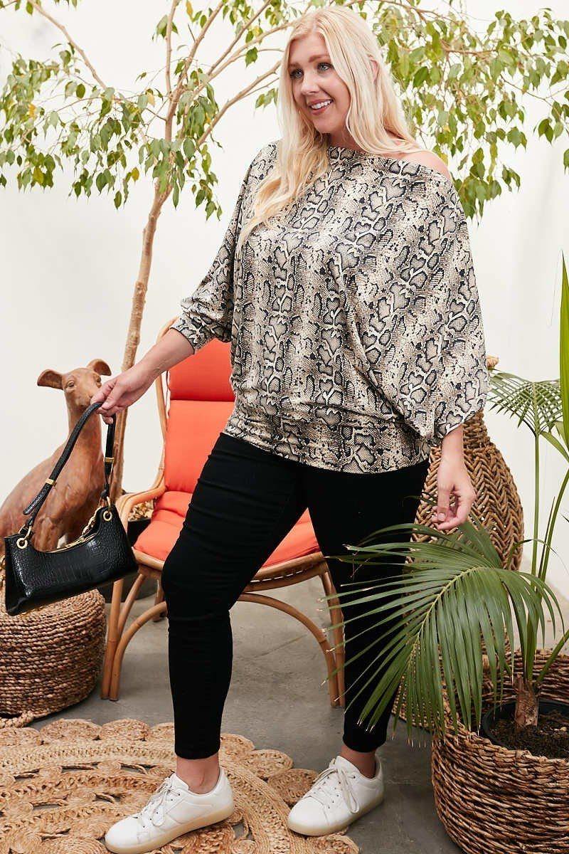 Boat Neck Long Bubble Sleeve Snake Print Knit Top - Pearlara