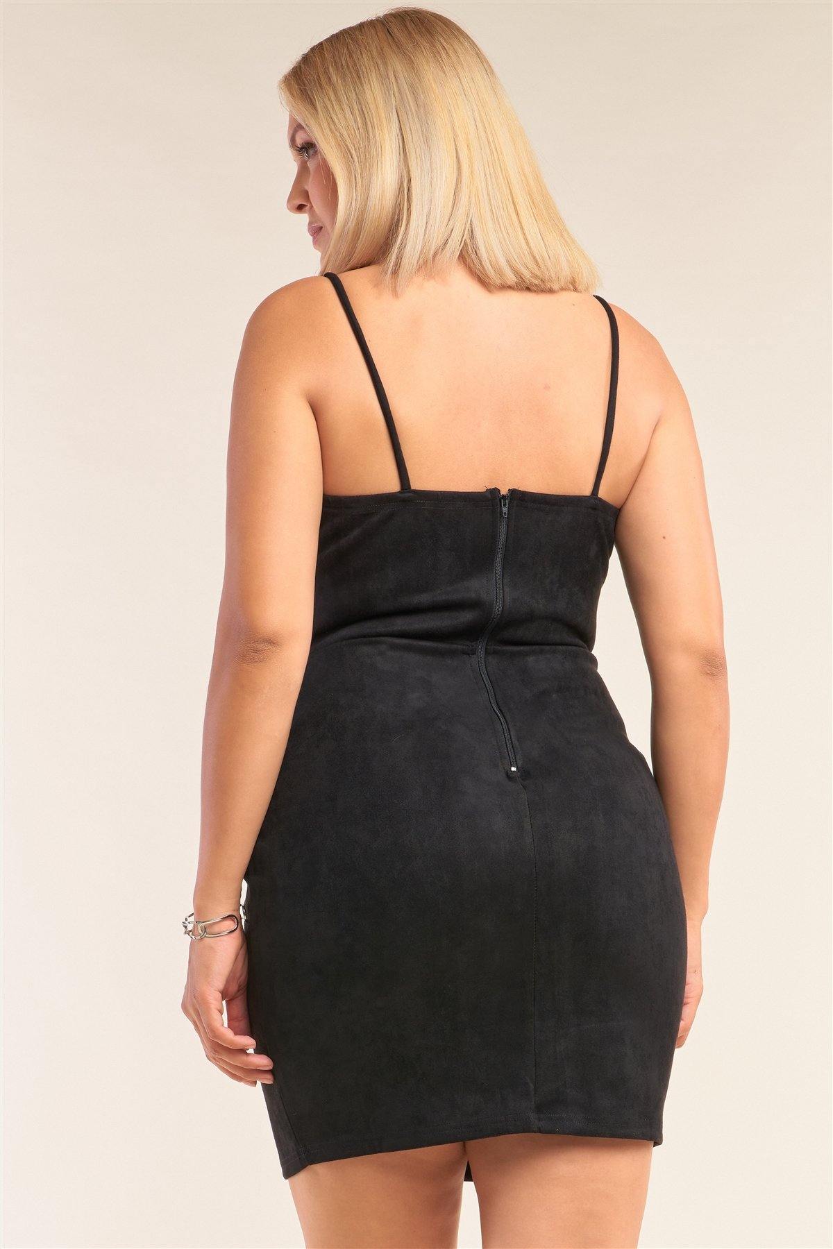 Plus Size Suede Sleeveless Fitted Square Neck Mini Dress - Pearlara