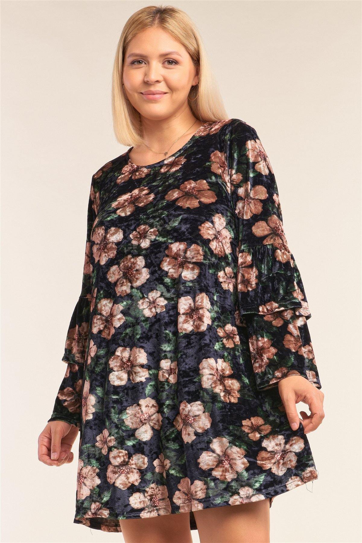 Plus Size Floral Print Velvet Long Layered Hem Sleeve Mini Dress - Pearlara