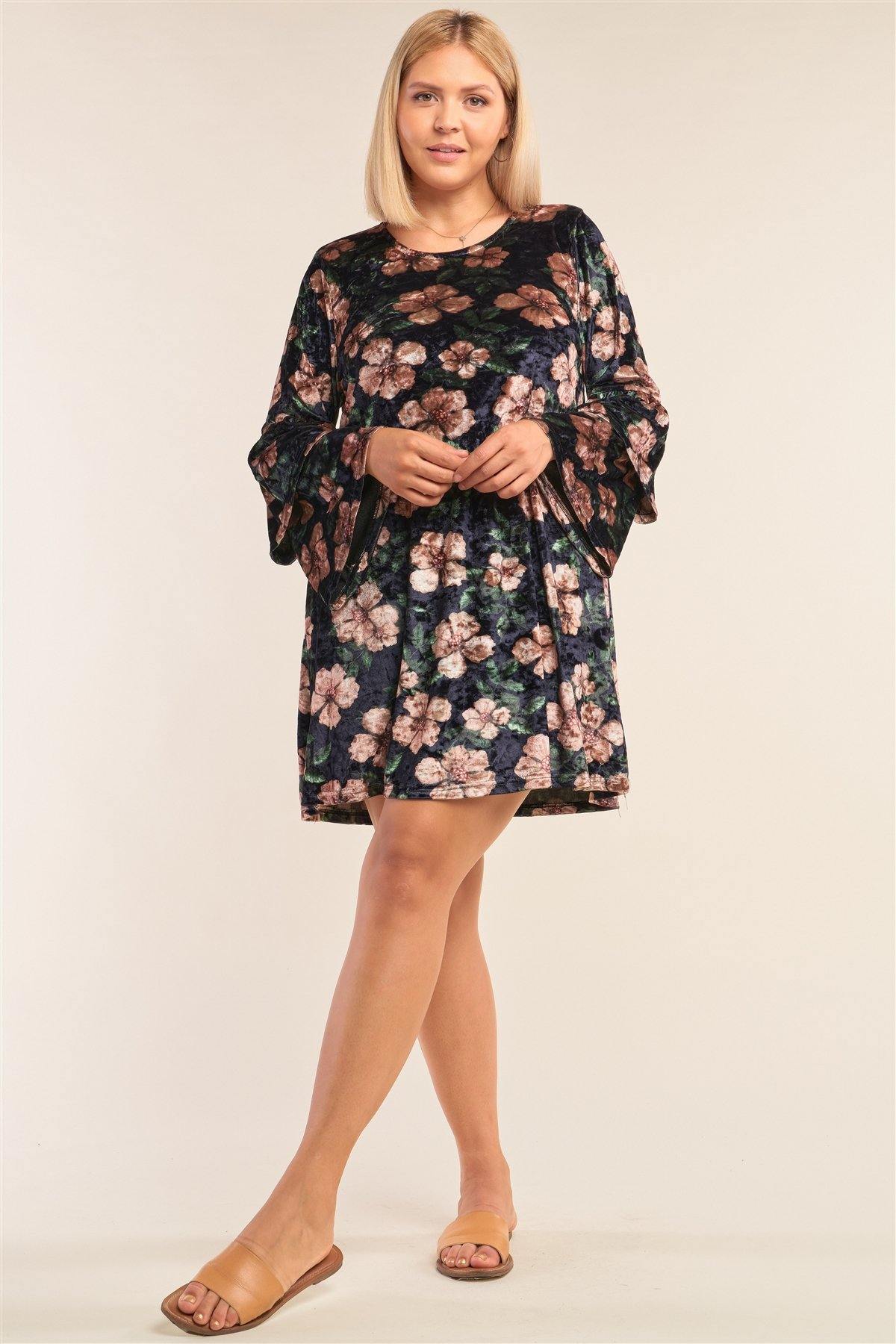 Plus Size Floral Print Velvet Long Layered Hem Sleeve Mini Dress - Pearlara