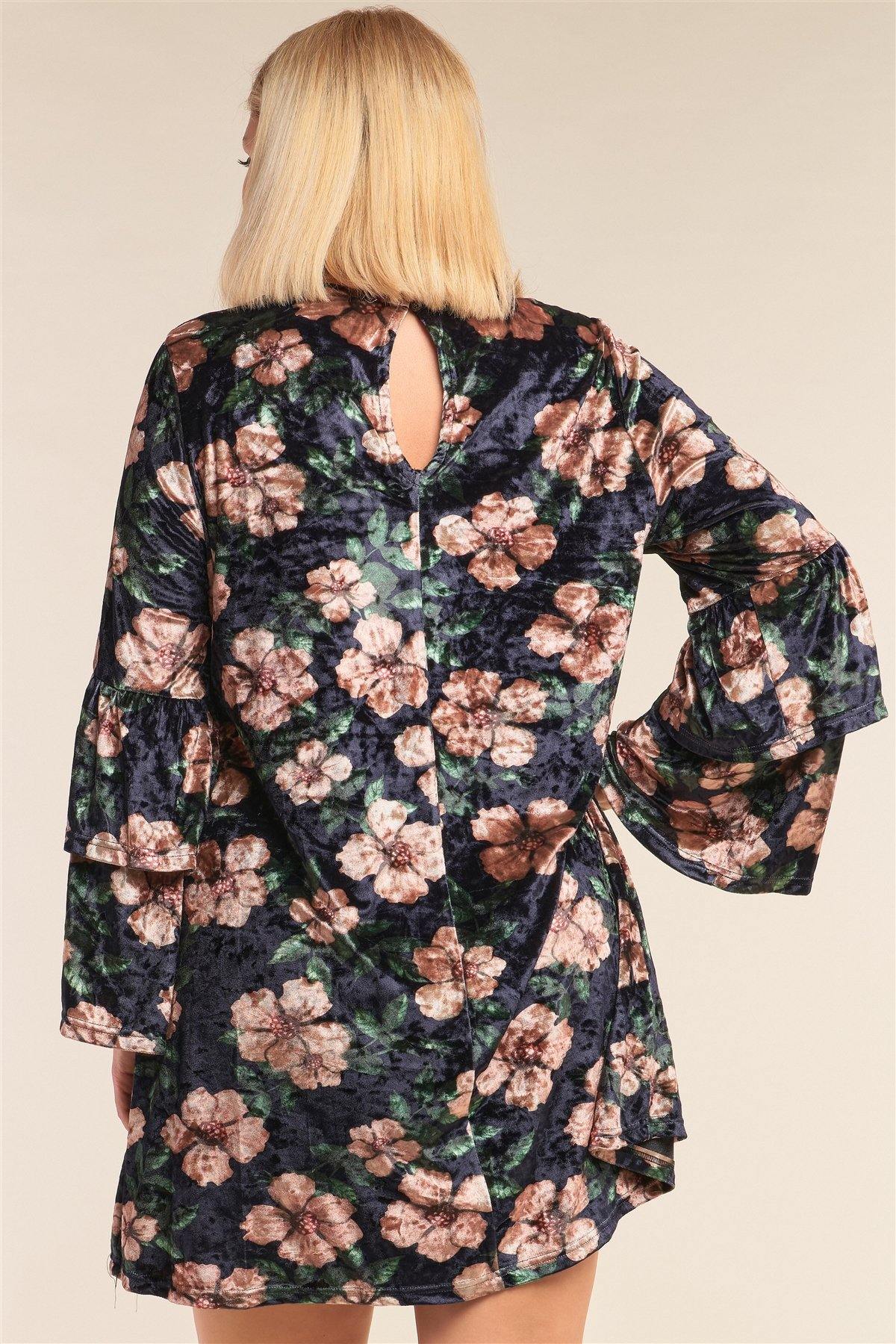 Plus Size Floral Print Velvet Long Layered Hem Sleeve Mini Dress - Pearlara