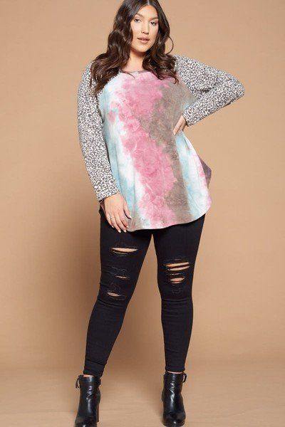 Plus Size French Terry Tie Dye Casual Color Block Top - Pearlara