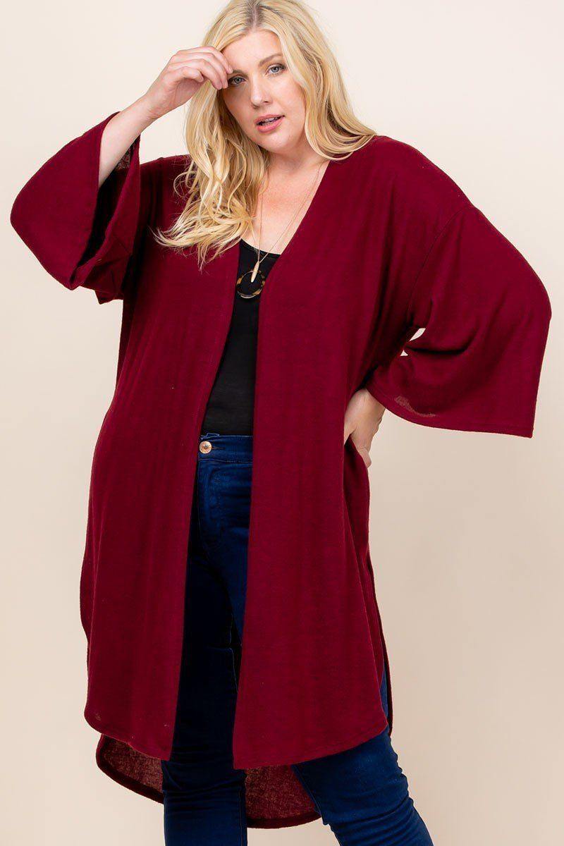 Plus Size Solid Hacci Brush Open Front Long Cardigan With Bell Sleeves - Pearlara