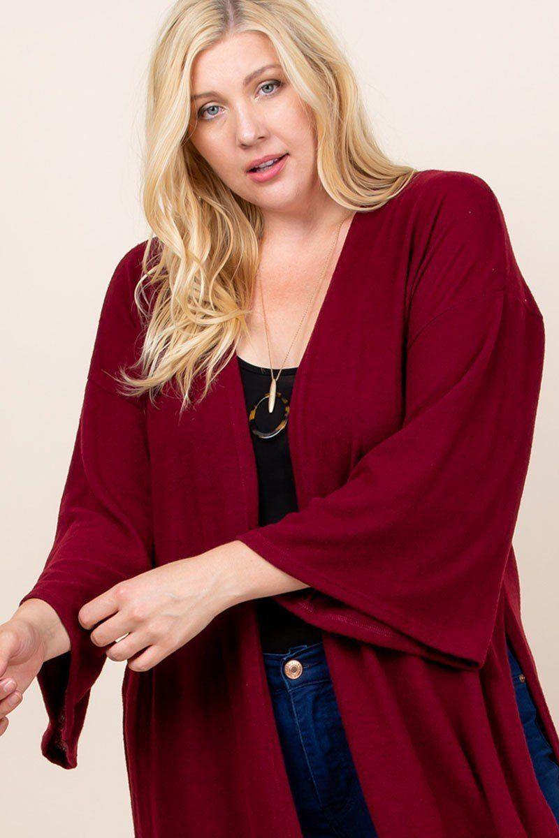 Plus Size Solid Hacci Brush Open Front Long Cardigan With Bell Sleeves - Pearlara