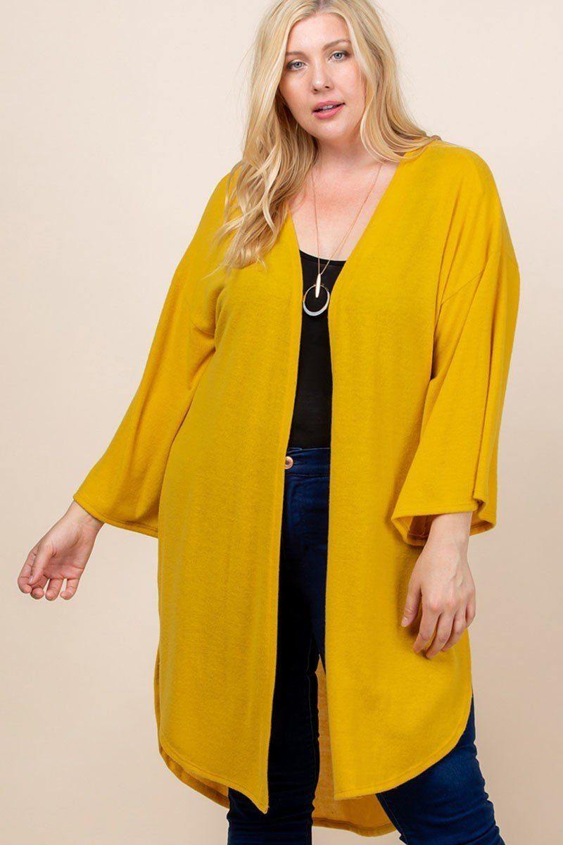 Plus Size Solid Hacci Brush Open Front Long Cardigan With Bell Sleeves - Pearlara