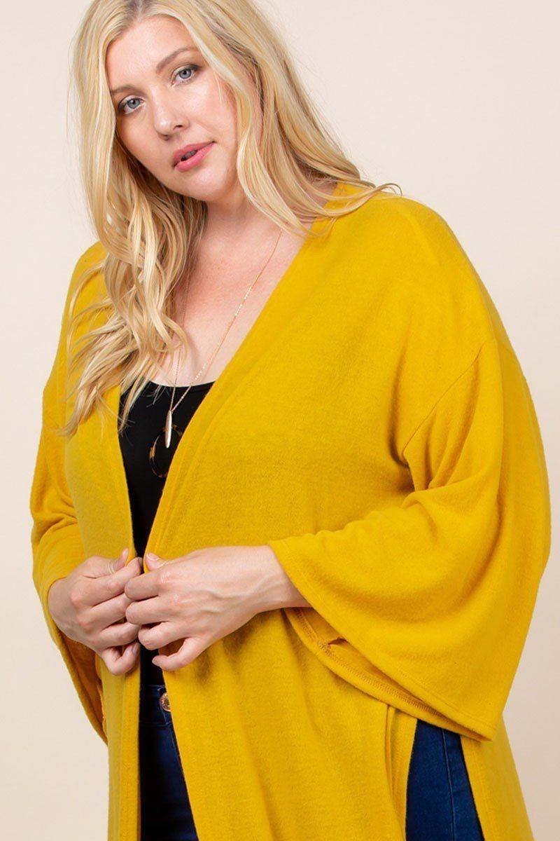 Plus Size Solid Hacci Brush Open Front Long Cardigan With Bell Sleeves - Pearlara