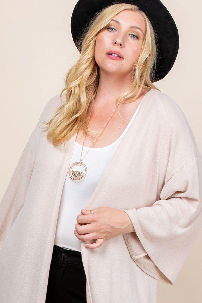 Plus Size Solid Hacci Brush Open Front Long Cardigan With Bell Sleeves - Pearlara