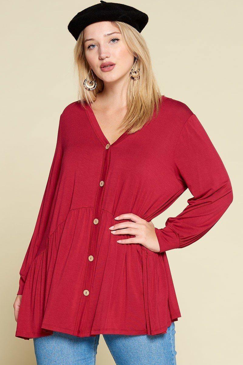 Plus Size Solid Heavy Rayon Modal Jersey Faux Button Up - Pearlara