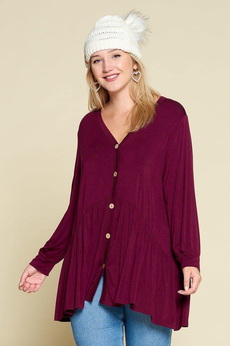 Plus Size Solid Heavy Rayon Modal Jersey Faux Button Up - Pearlara