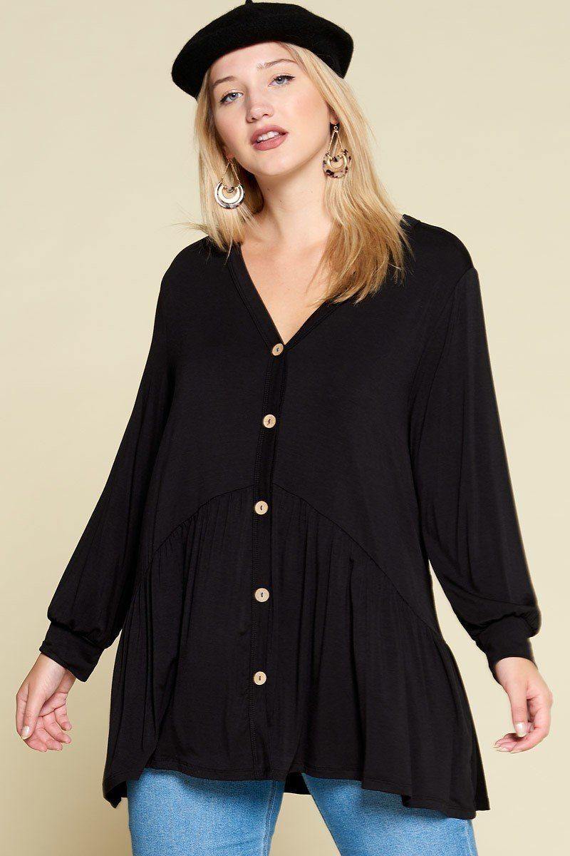 Plus Size Solid Heavy Rayon Modal Jersey Faux Button Up - Pearlara