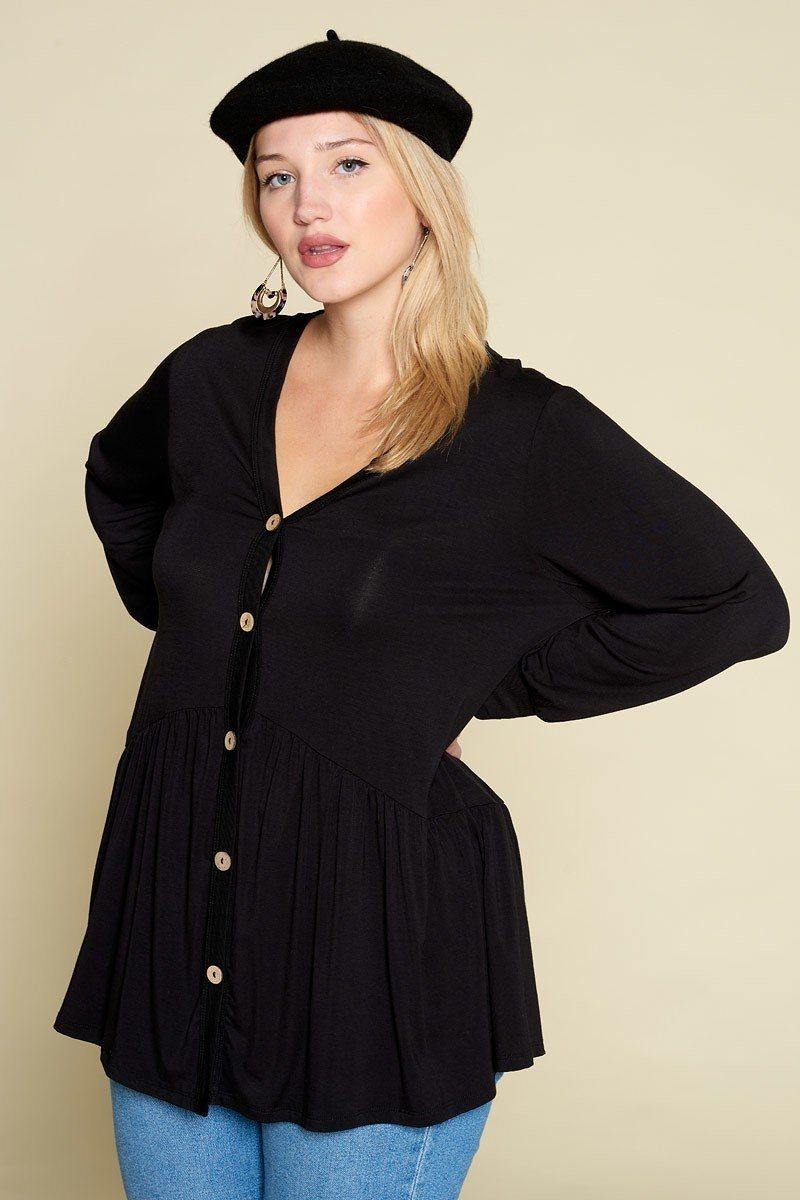 Plus Size Solid Heavy Rayon Modal Jersey Faux Button Up - Pearlara