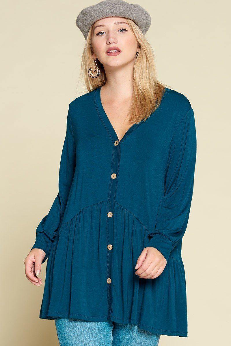 Plus Size Solid Heavy Rayon Modal Jersey Faux Button Up - Pearlara